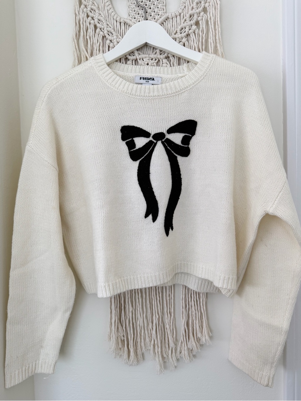 RSQ Cream Crewneck Sweater with Black Bow